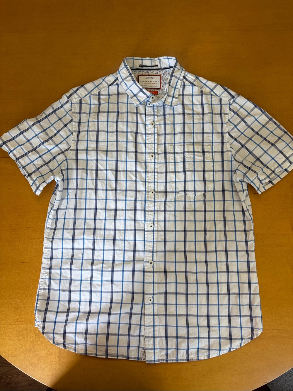 Denim & Flower White Short-Sleeve Button-Down Shirt with Blue Windowpane